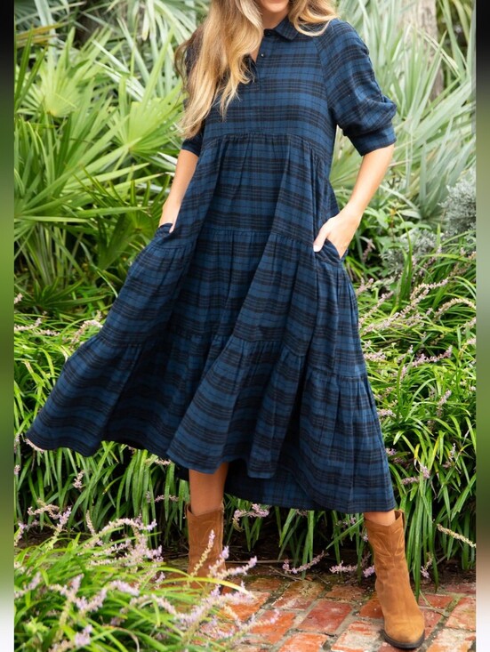 NATURAL LIFE Dresses & Skirts - Natural Life Blue Plaid Tiered Midi Dress with Pockets Size M